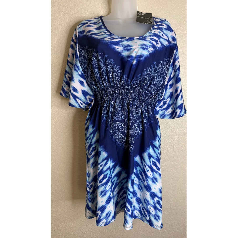 Wearabouts Womens S Dress Blue Tie Dye Ikat Smocked‎ Waist Butterfly Sleeve NEW